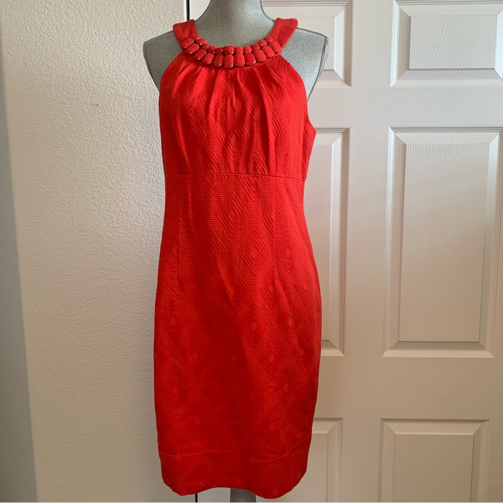 TAYLOR red cotton lined dress with adorable neck detail silver accents size 10